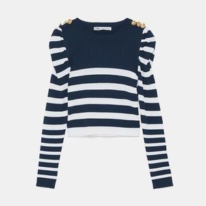 Striped cropped sweater with puff shoulder